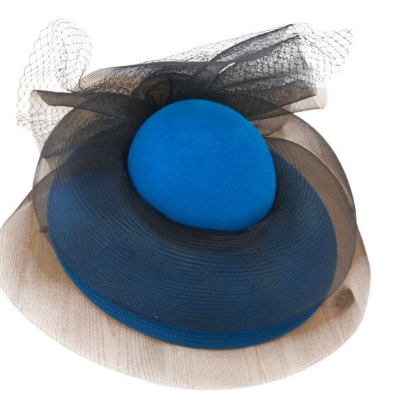 Vintage Dajon New York Blue Wool Black Tulle & Netting Ladies Church Hat - Picture 8 of 14